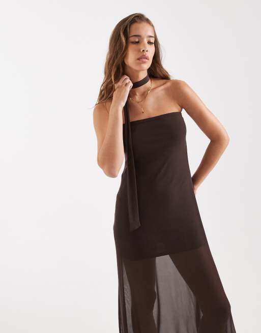Miss Selfridge - Maxi jurk met sjaal in chocoladebruin, 2 van 4