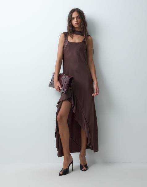 Miss Selfridge maxi jurk met sjaaldetail en ruches in chocoladebruin - view 1