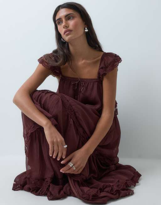 Miss Selfridge - Maxi jurk van chiffon met stroken in chocoladebruin, 3 van 4