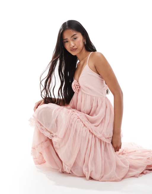 Miss Selfridge - Maxi-jurk van chiffon met stroken in oudroze, 2 van 4