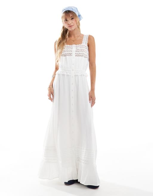 Miss Selfridge - Maxi jurk van kreukelstof met kanten inzetstukken en bandjes in crème