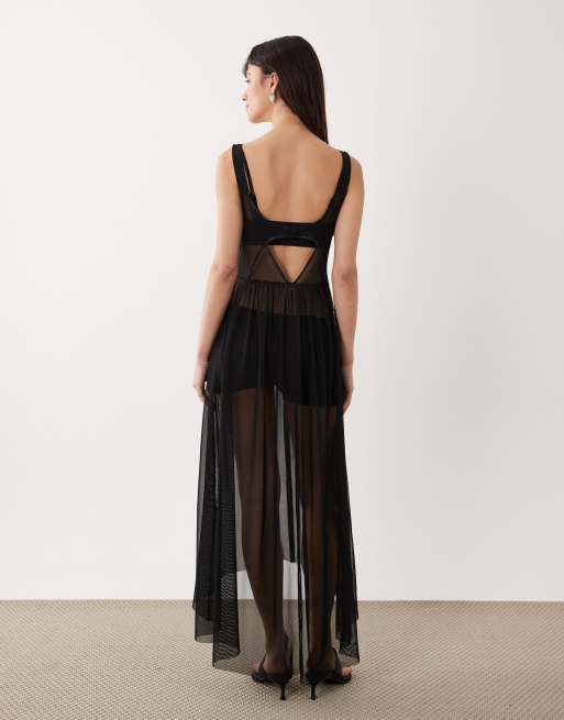 Miss Selfridge - Maxi jurk van mesh met applicatie in zwart, 4 van 4