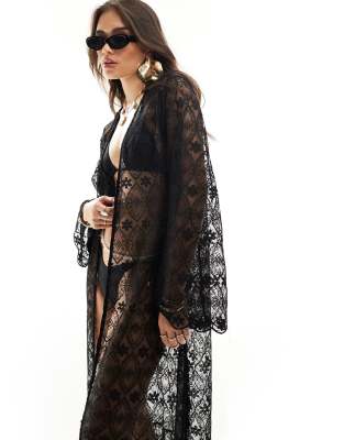 Miss Selfridge - Maxi-Kimono in Schwarz mit weiten Ärmeln und Spitze