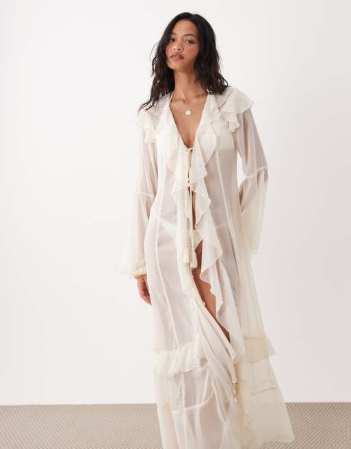 Miss Selfridge maxi length beach cover up in cream, 3 of 4
