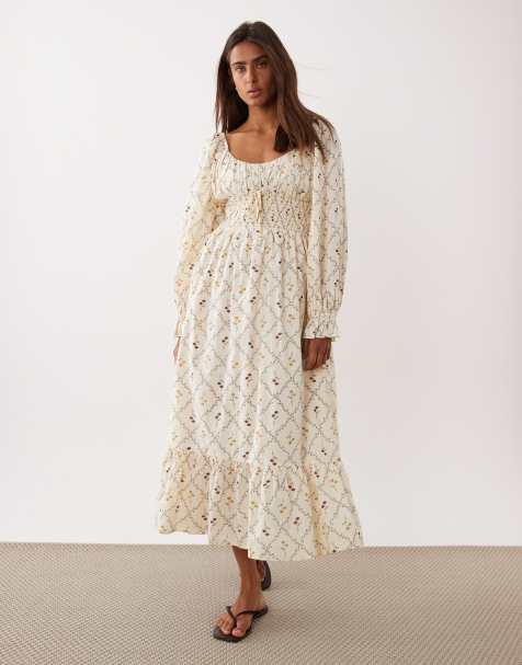 Miss Selfridge - Maxi melkmeisjesjurk in geel met fijne print - view 1