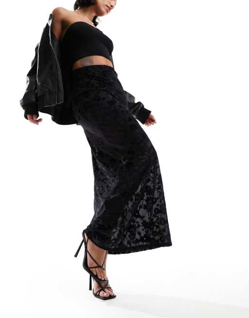 Miss Selfridge - Maxi rok met burn-out motief en halfhoge taille in zwart
