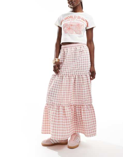 Miss Selfridge - Maxi rok met gingham ruit en stroken in roze - view 1