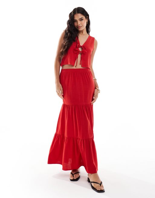 Miss Selfridge - Maxi rok met linnenlook en stroken in rood