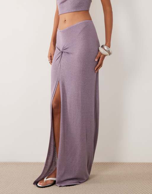 Miss Selfridge maxi rok van glitterbreisel met gedraaid detail in lila, 5 van 5