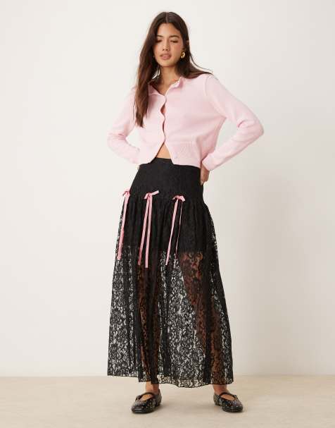 Miss Selfridge - Maxi rok van kant met strikdetail en stroken in zwart - view 1