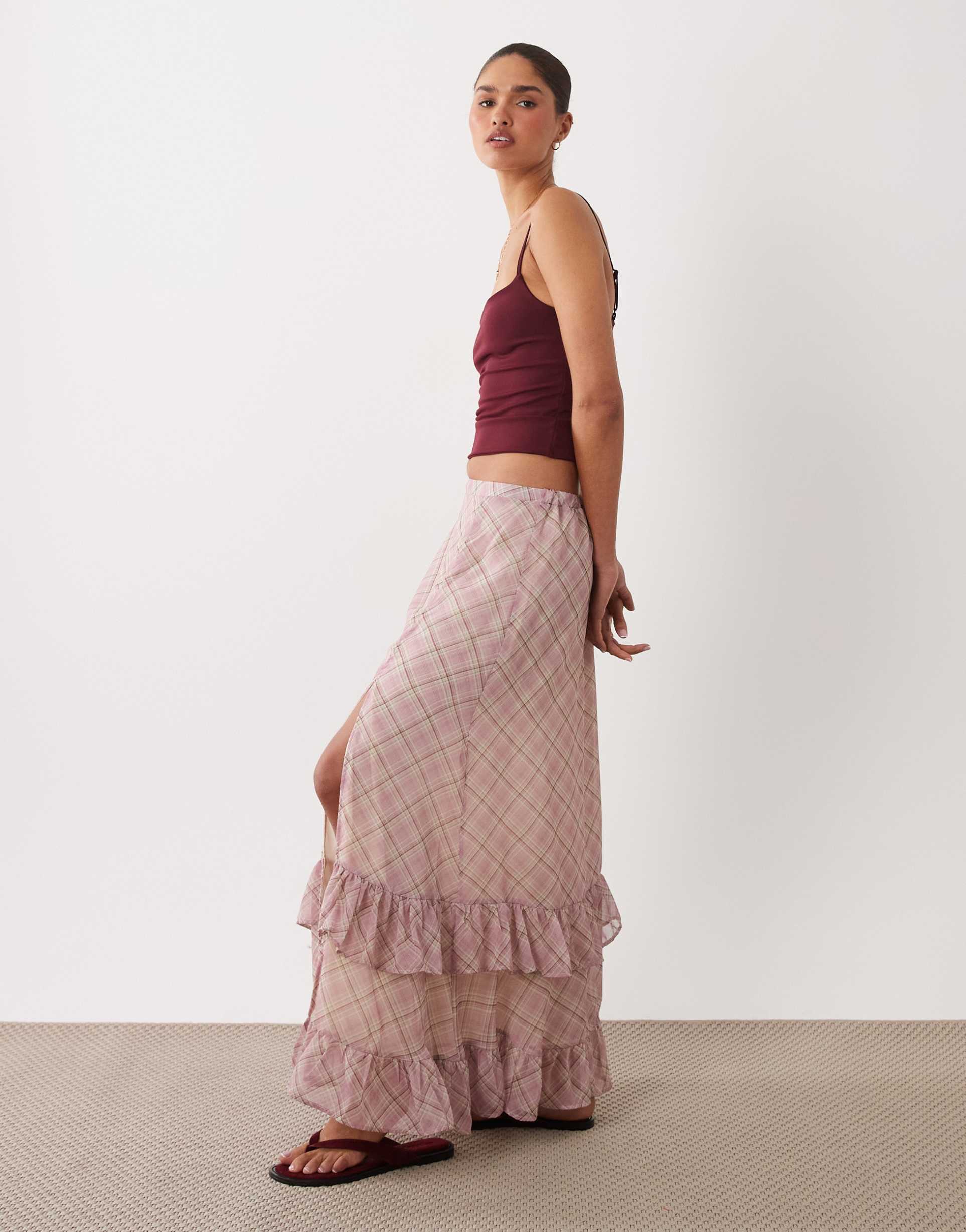 miss selfridge maxi skirt with frill in plaid