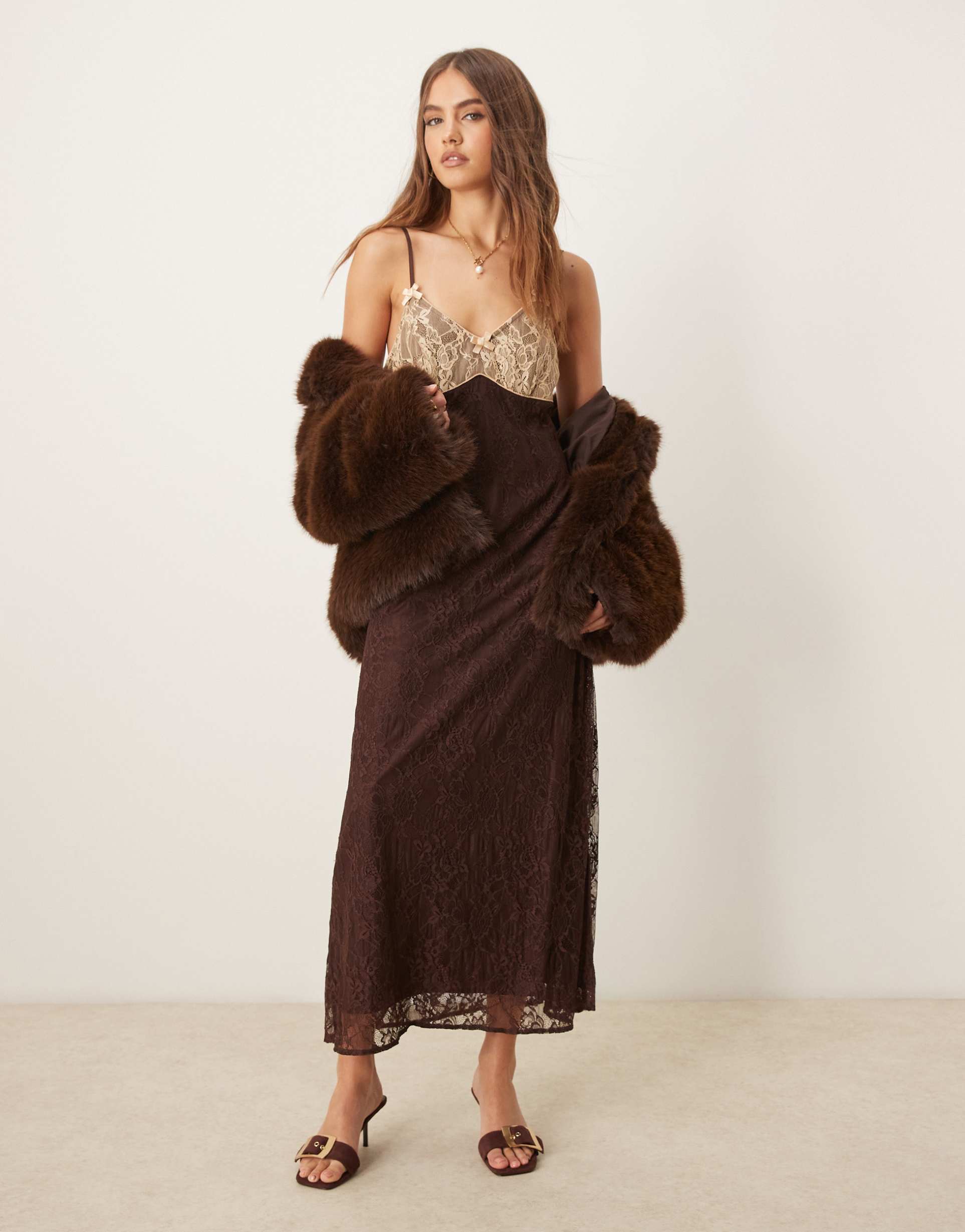 miss selfridge maxi slip dress with contrast lace in chocolate