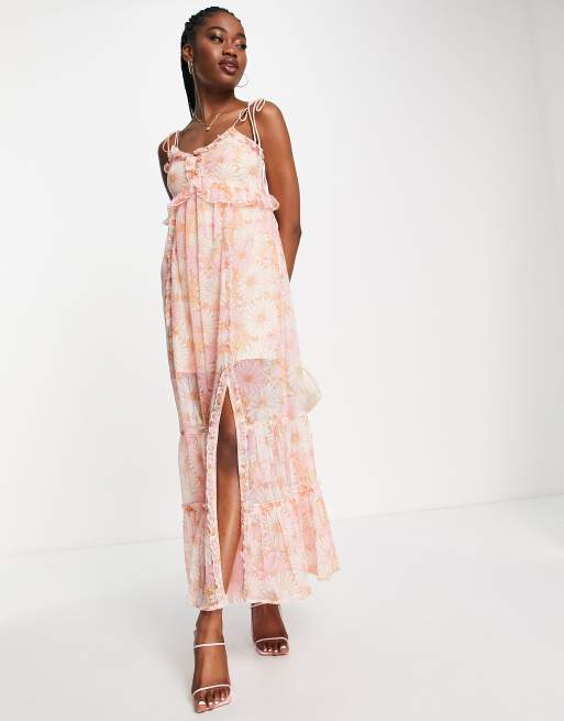 Miss Selfridge - Maxi slipdress van chiffon met ruches in retro oranje bloemenprint 