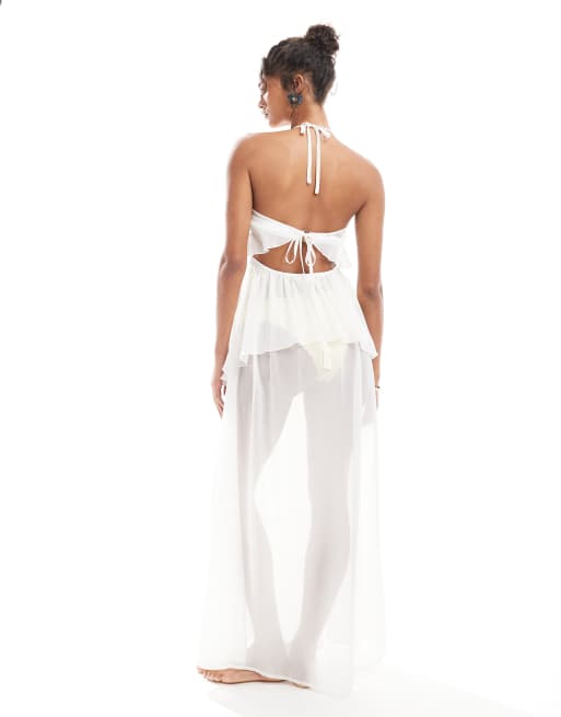 Miss Selfridge - Maxi strandjurk van chiffon met ruches in crème, 2 van 4