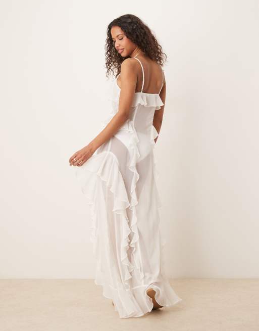 Miss Selfridge - Maxi strandkleding van chiffon met ruches en camibandjes in crème, 4 van 4