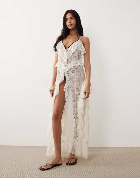 Miss Selfridge – Maxi-Strandkleid aus naturfarbener Spitze mit schmalen Trägern und Bindedetail - view 1