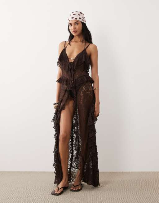 Miss Selfridge – Maxi-Strandkleid aus schokobrauner Spitze mit schmalen Trägern und Bindedetail, 2 von 4