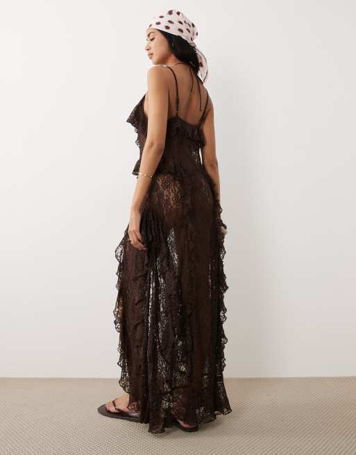 Miss Selfridge – Maxi-Strandkleid aus schokobrauner Spitze mit schmalen Trägern und Bindedetail, 4 von 4