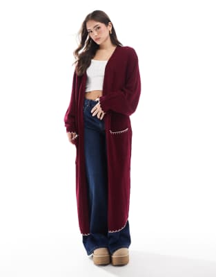 Miss Selfridge - Maxi-Strickjacke in Rosa und Burgunderrot mit farblich abgesetztem Langettenstich