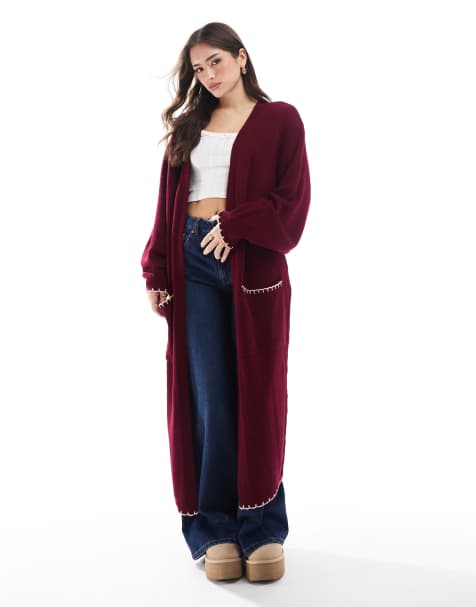 Miss Selfridge – Maxi-Strickjacke in Rosa und Burgunderrot mit farblich abgesetztem Langettenstich - view 1