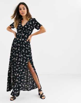 Miss Selfridge maxi tea dress in black 