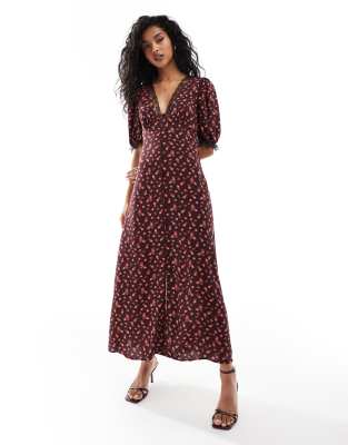 Miss Selfridge maxi tea dress in burgundy floral-Multi