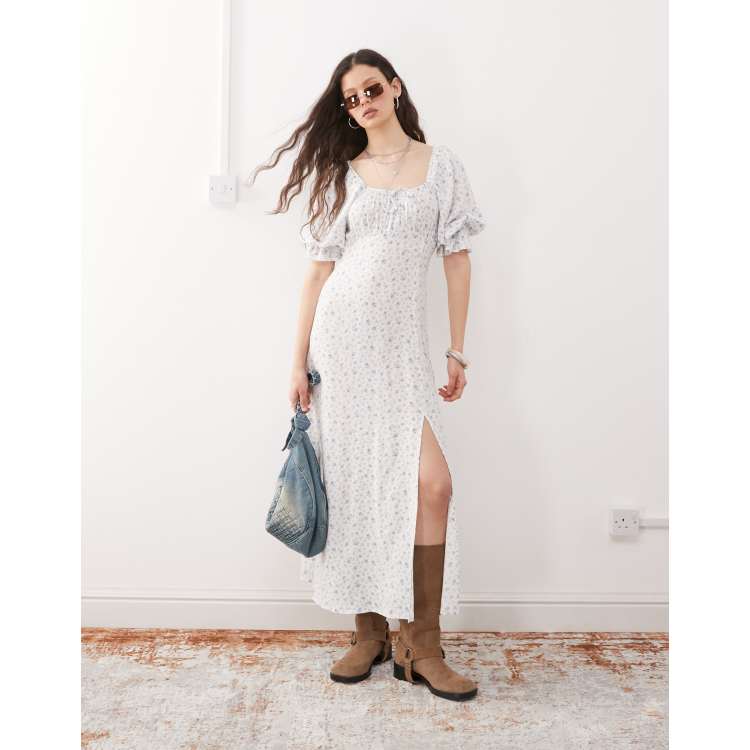 chinese dress ladies Moonlit Moment Ruffle Trim Lace-Up Back Maxi Dress Blue