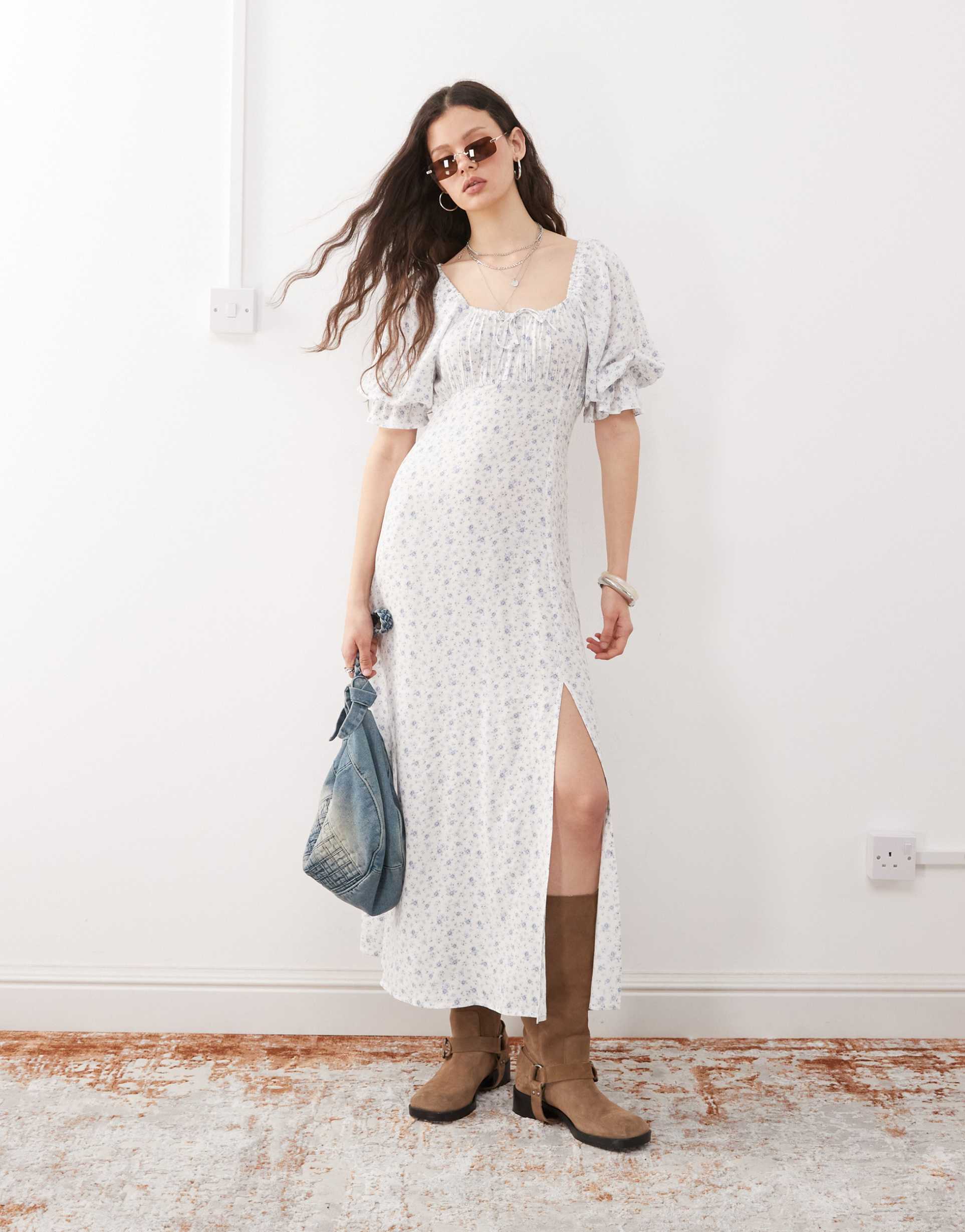 miss selfridge maxi tea dress in delicate blue floral print