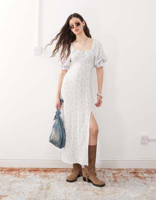 Miss Selfridge maxi tea dress in ditsy blue floral print-Multi