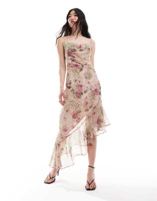 Miss Selfridge - Maxi-Trägerkleid aus Chiffon mit Animal-Blumen-Print und Wasserfallkragen-Bunt