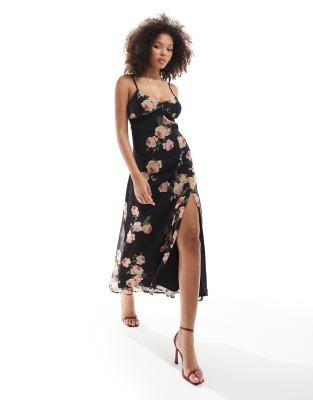 Miss Selfridge - Maxi-Trägerkleid aus Chiffon mit übergroßem Rosenmuster und Spitzenbesatz-Bunt