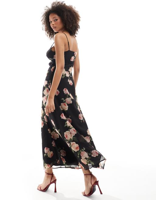 Miss Selfridge – Maxi-Trägerkleid aus Chiffon mit übergroßem Rosenmuster und Spitzenbesatz, 3 von 4
