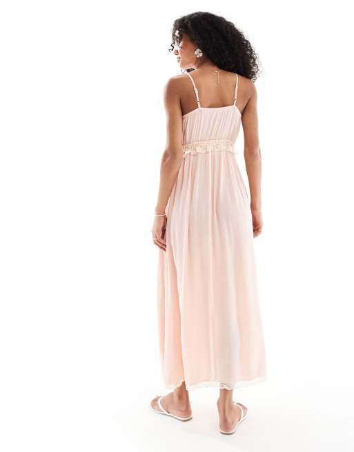 Miss Selfridge – Maxi-Trägerkleid in Rosa mit Spitzeneinsatz, 4 von 4