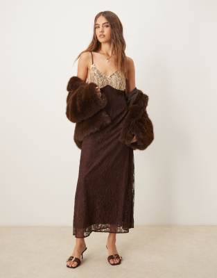 Miss Selfridge - Maxi-Trägerkleid in Schokobraun mit farblich abgesetzter Spitze