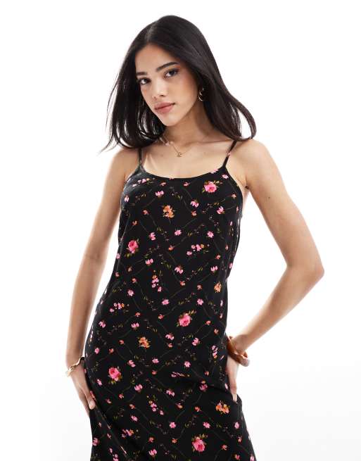 Miss Selfridge – Maxi-Trägerkleid in Schwarz mit Blümchenmuster, schmalen Trägern und U-Ausschnitt, 2 von 4