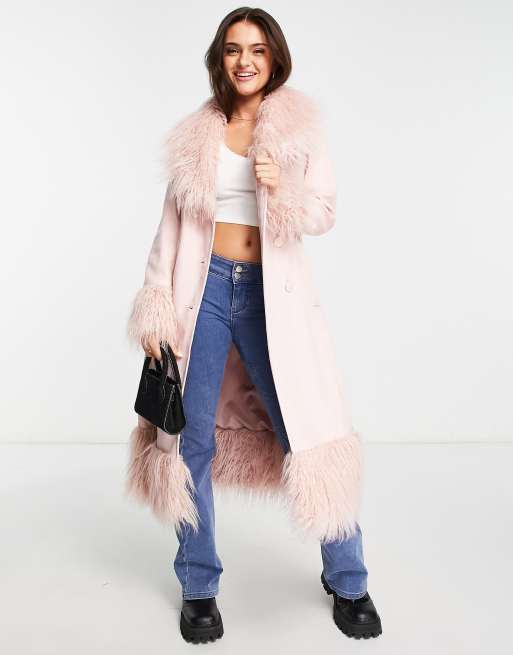 Miss Selfridge - Maxifrakke i imiteret ruskind med pelskanter i imiteret pels 