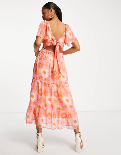 Miss Selfridge - Maxikjole med sløjfe bagpå og orange solsikkeprint i chiffon