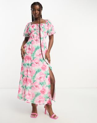 Miss Selfridge - Maxikleid aus Chiffon in Rosa geblümt mit Puffärmeln und Bindedetail am Rücken-Bunt