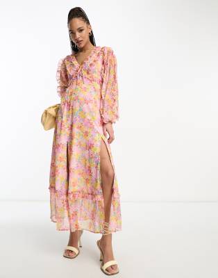 Miss Selfridge - Maxikleid aus Chiffon mit Rüschen und leuchtendem Blümchenmuster-Bunt