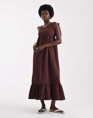 Miss Selfridge - Maxikleid aus Leinen in Schokobraun mit Bindeträger-Brown