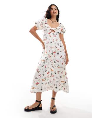 Miss Selfridge - Maxikleid aus Leinenmix mit geschnürter Vorderseite, Knopfleiste und Postkartenprint-Weiß