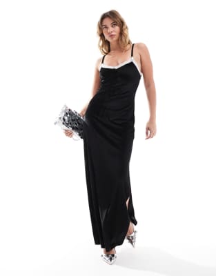 Miss Selfridge - Maxikleid aus Samt mit Spitzendetail-Schwarz