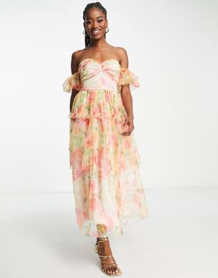 Miss Selfridge - Maxikleid aus Tüll mit mehrfarbigem Blümchenmuster und verdrehter Vorderseite-Bunt