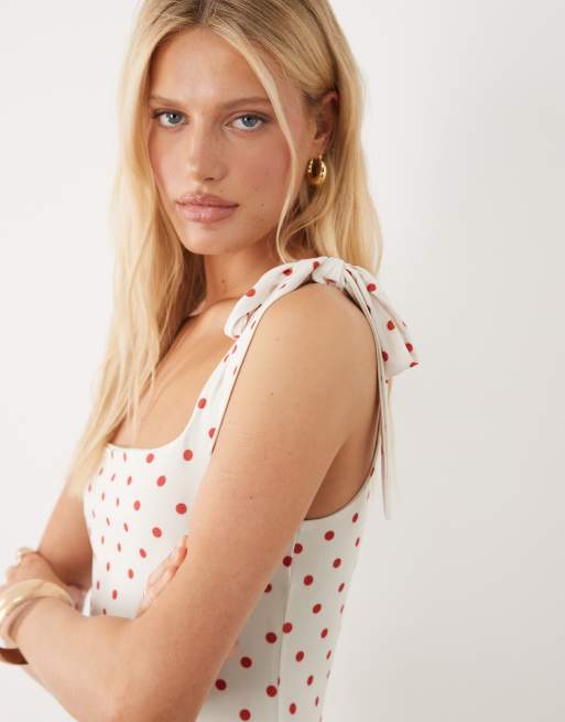 Miss Selfridge – Maxikleid in Cremeweiß mit gebundenen Trägern und Polka-Dot-Muster, 4 von 4