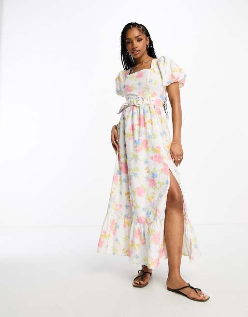 Miss Selfridge – Maxikleid in Leinenoptik mit Gürtel und Blumenmuster , 3 von 4