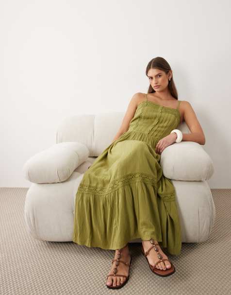 Miss Selfridge – Maxikleid in Olivgrün mit Spitzeneinsatz - view 1