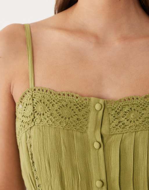 Miss Selfridge – Maxikleid in Olivgrün mit Spitzeneinsatz, 3 von 4