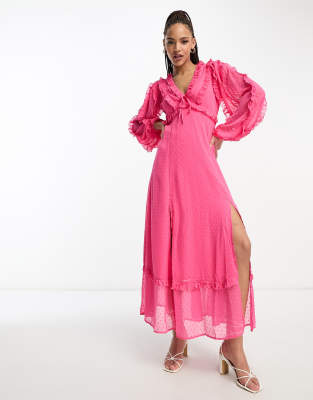 Miss Selfridge - Maxikleid in Pink aus Dobby-Chiffon mit Rüschen-Rosa