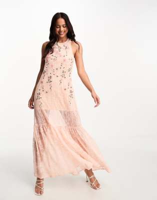 Miss Selfridge - Maxikleid in Rosa mit Rosenstickerei und Spitze