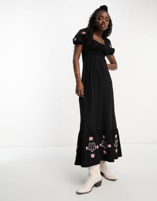 Miss Selfridge - Maxikleid in Schwarz mit gesmoktem Oberteil und bestickten Puffärmeln-Black